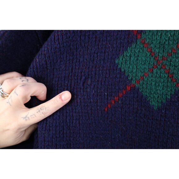 Vintage 70s Streetwear Womens Large Distressed Argyle Wool Ribbed Knit Sweater - Picture 6 of 14